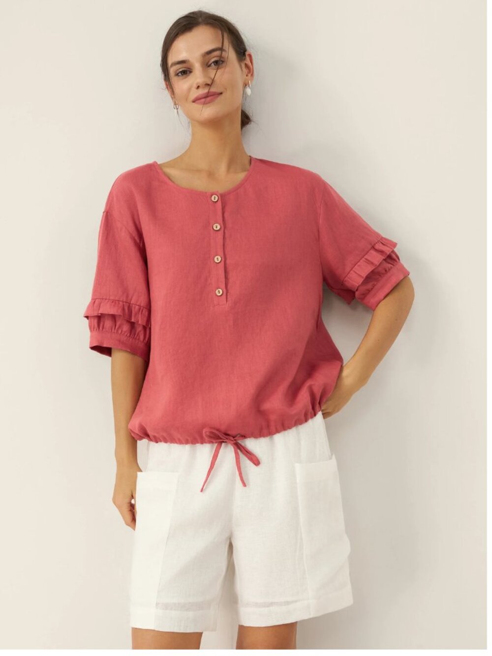 LINTICO 100% Linen Flutter Sleeve Drawstring Top in Cherry Pink Size M
